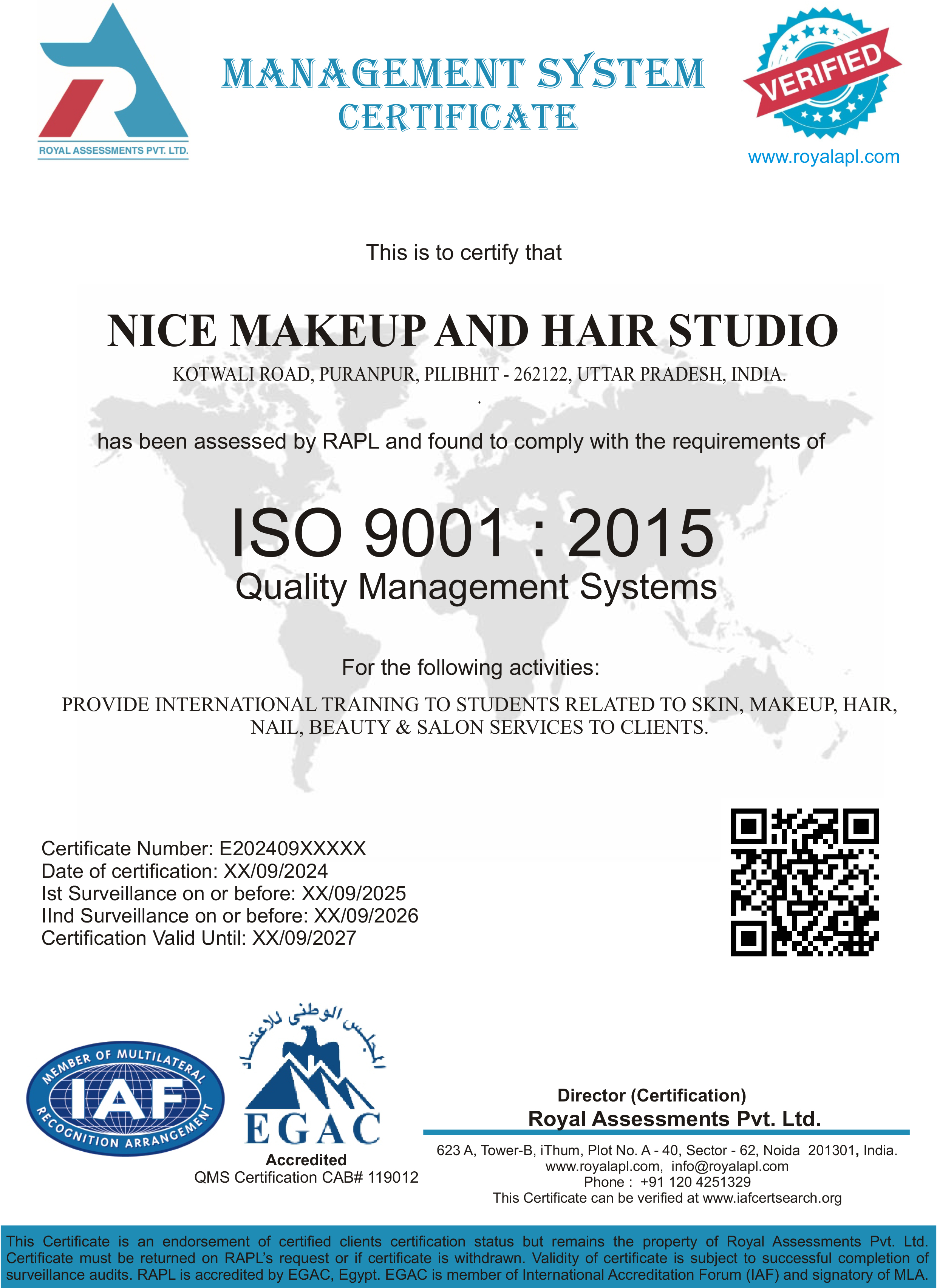 NICE Makeup and Hair Studio ISO 9001:2015 Certificate